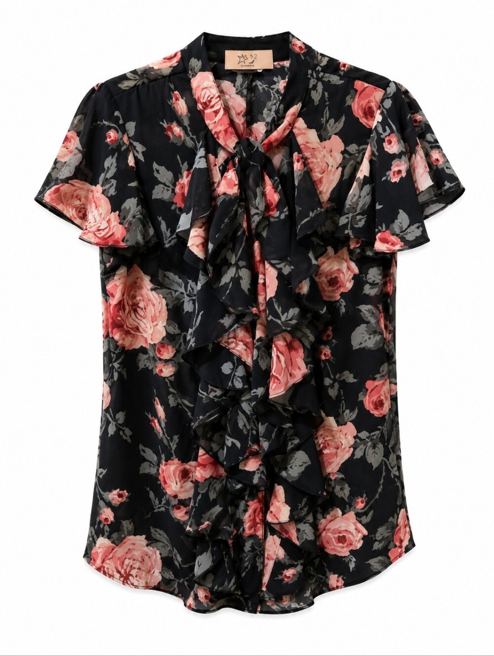 Converse Black Floral Ruffle Tie-Neck Blouse Pink Rose